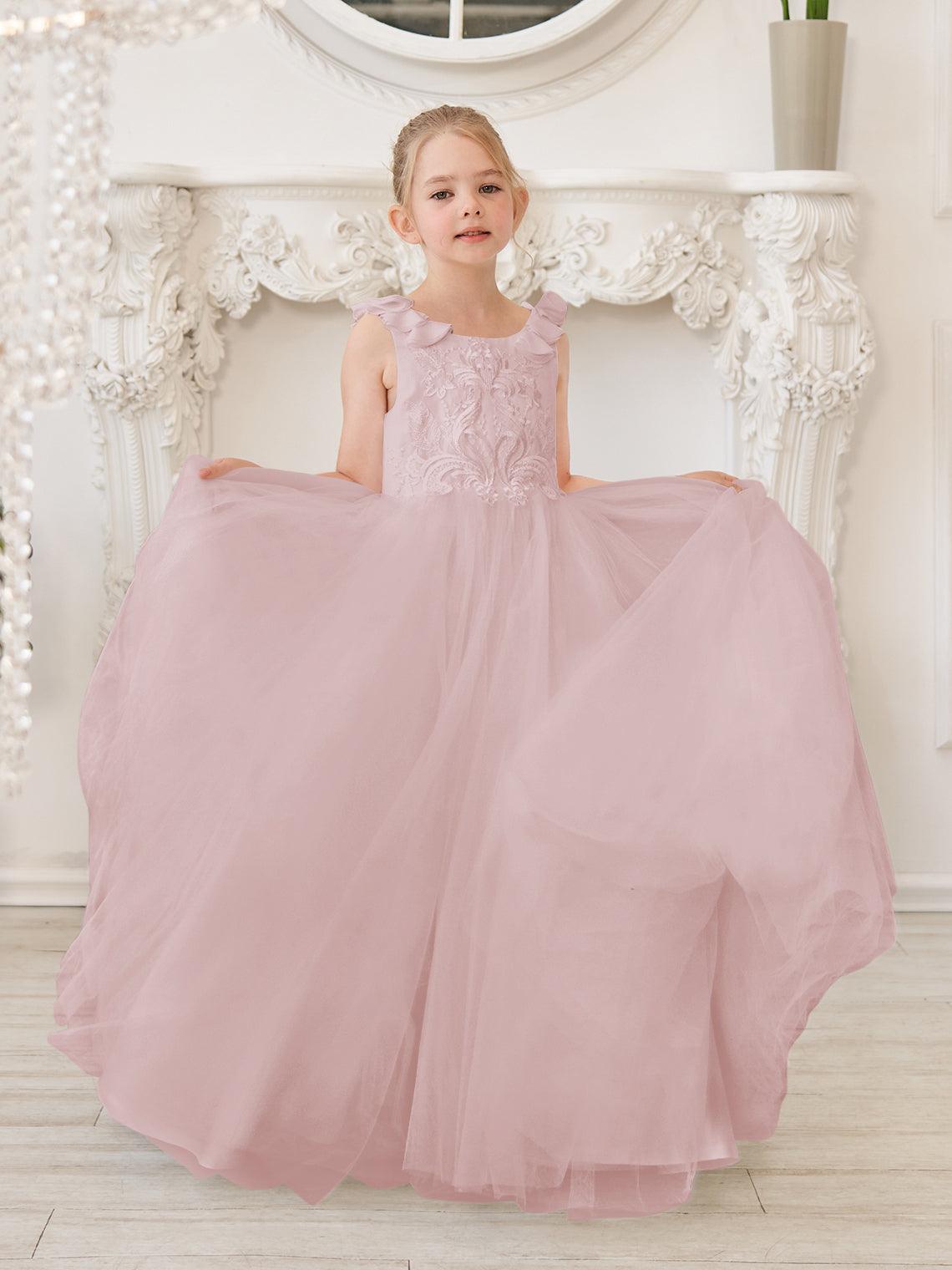 Elegant White Tulle Flower Girl Applique Lace Dress With Sweep Train