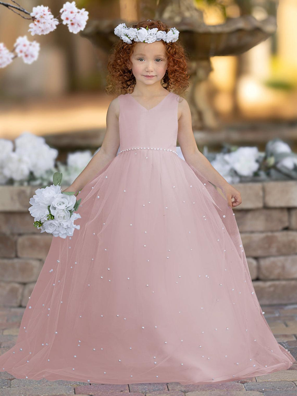 Floor Length V Neck Satin Tulle Princess Flower Girl Dress