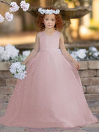 Floor Length V Neck Satin Tulle Princess Flower Girl Dress
