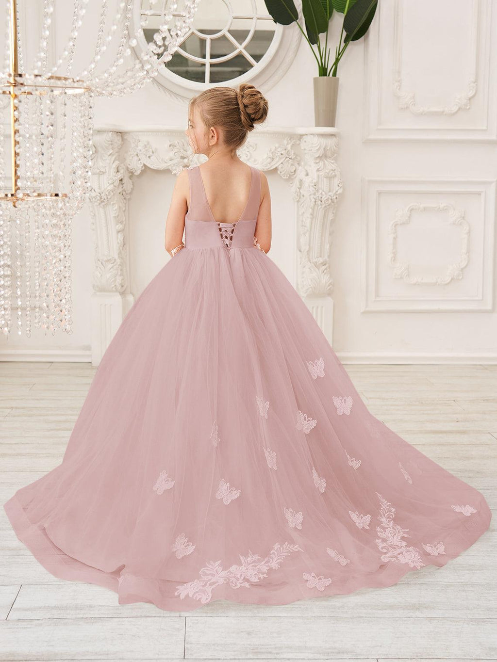 Elegant Sleeveless Tulle Flower Girl Dress With Applique Lace And Sweep Train