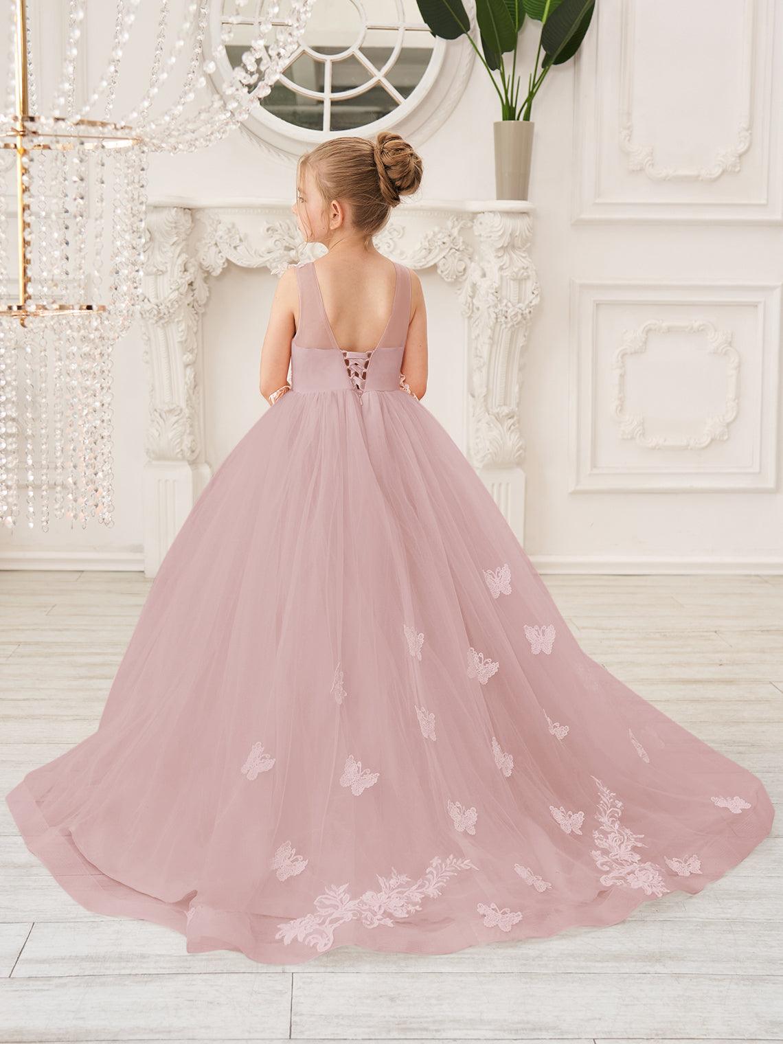 Elegant Sleeveless Tulle Flower Girl Dress With Applique Lace And Sweep Train