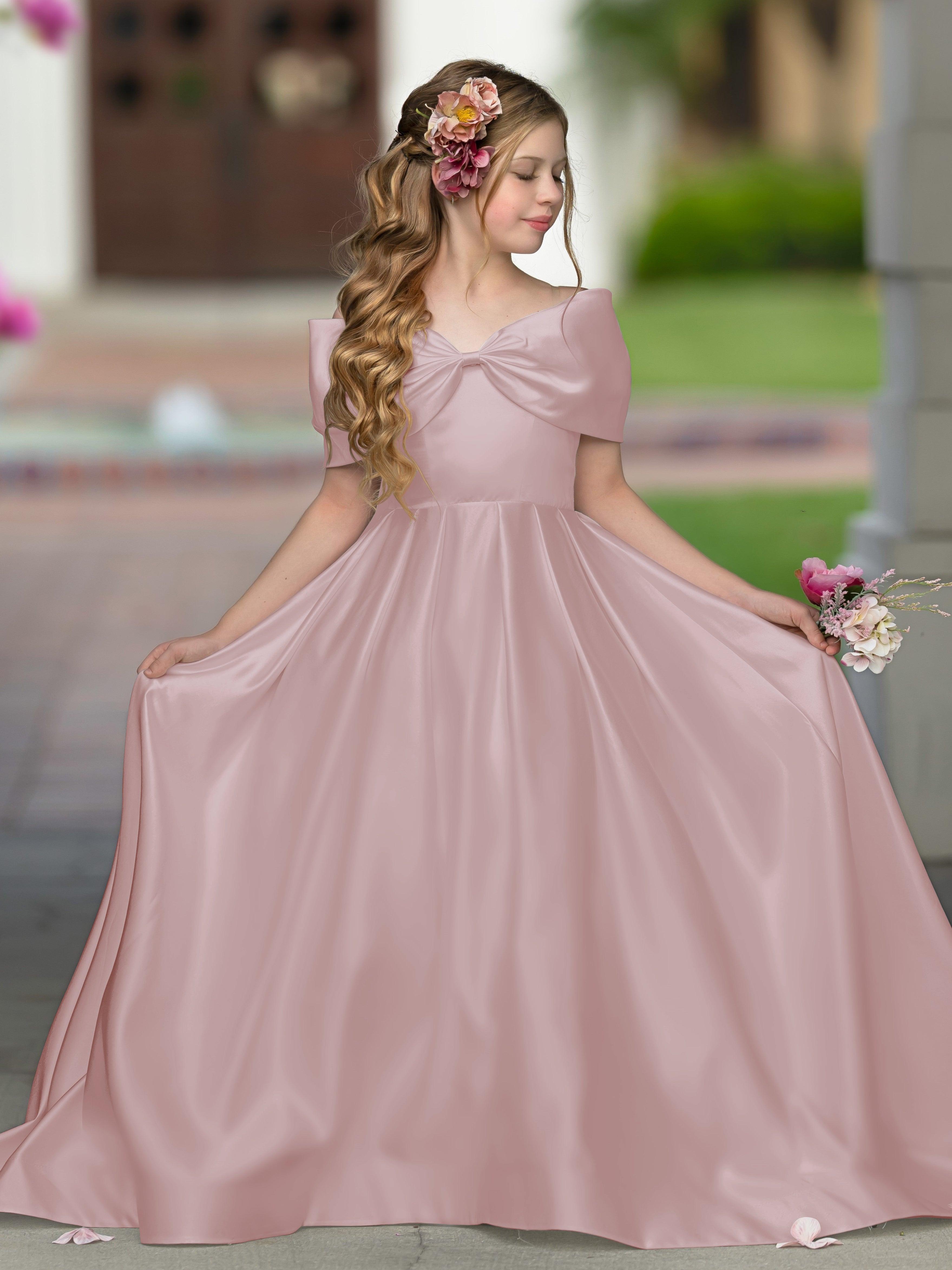 Ivory Satin Flower Girl Princess Ball Gown With Sweep Train And Bow Trim