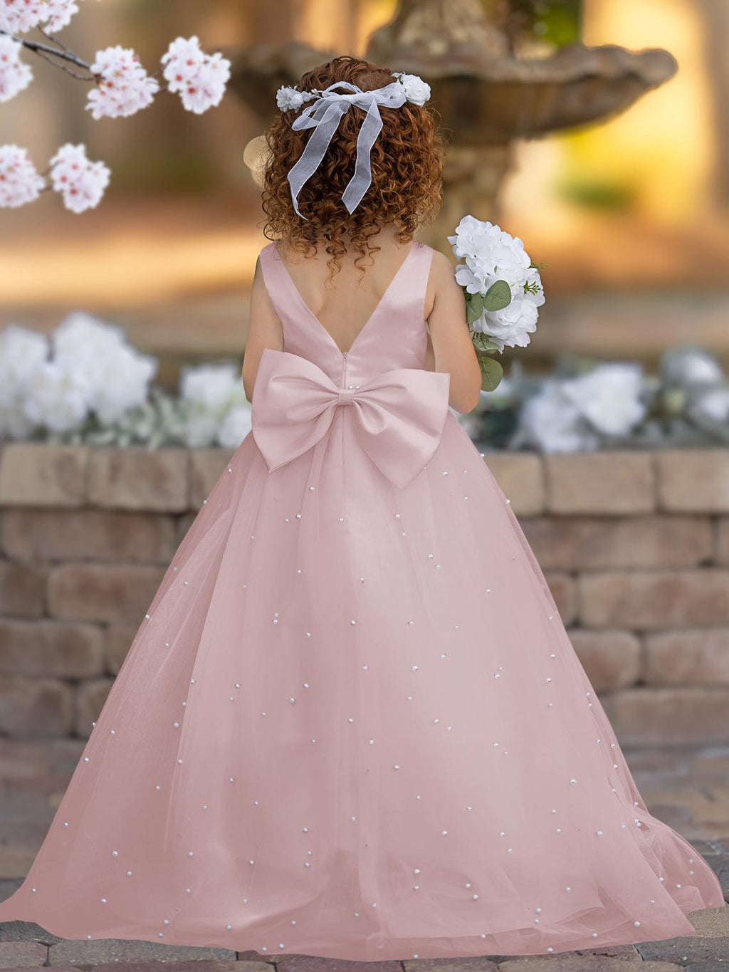 Floor Length V Neck Satin Tulle Princess Flower Girl Dress