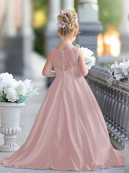 Robe de demoiselle d'honneur de première communion en satin et dentelle coupe A-line 