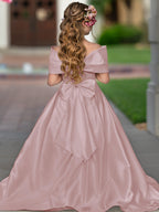 Ivory Satin Flower Girl Princess Ball Gown With Sweep Train And Bow Trim