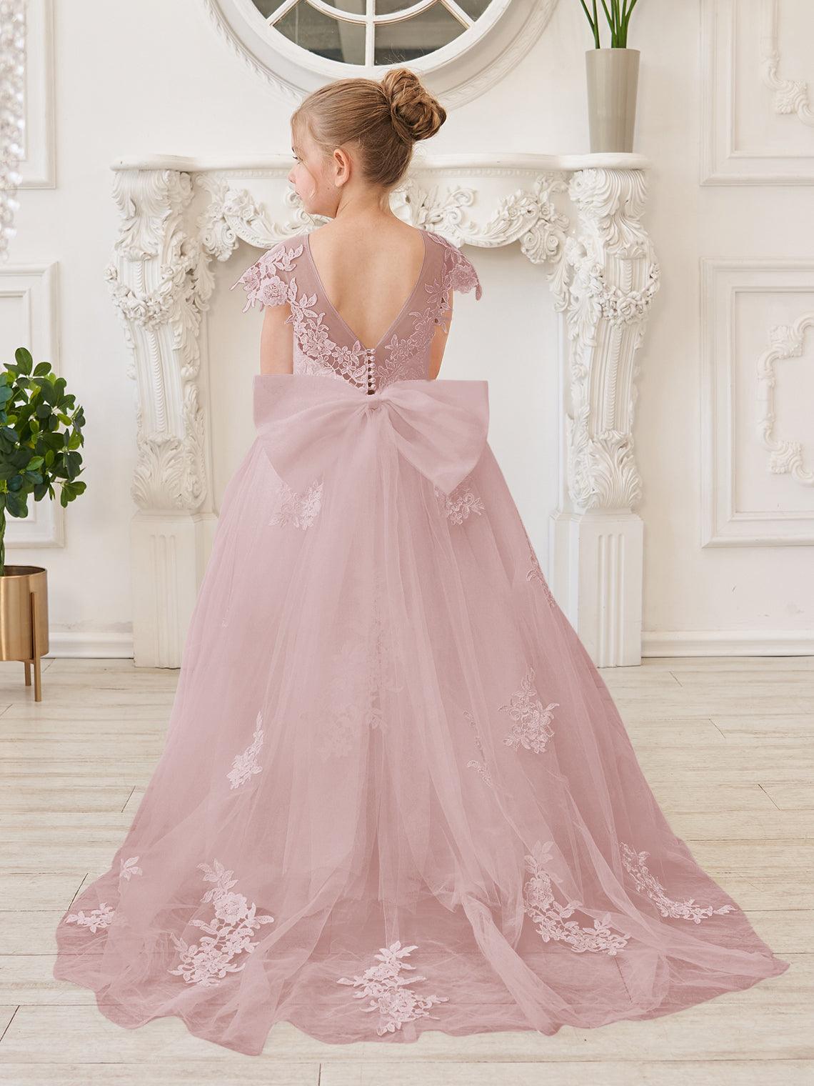 Ivory Lace Tulle First Communion Flower Girl Dress With Detachable Train