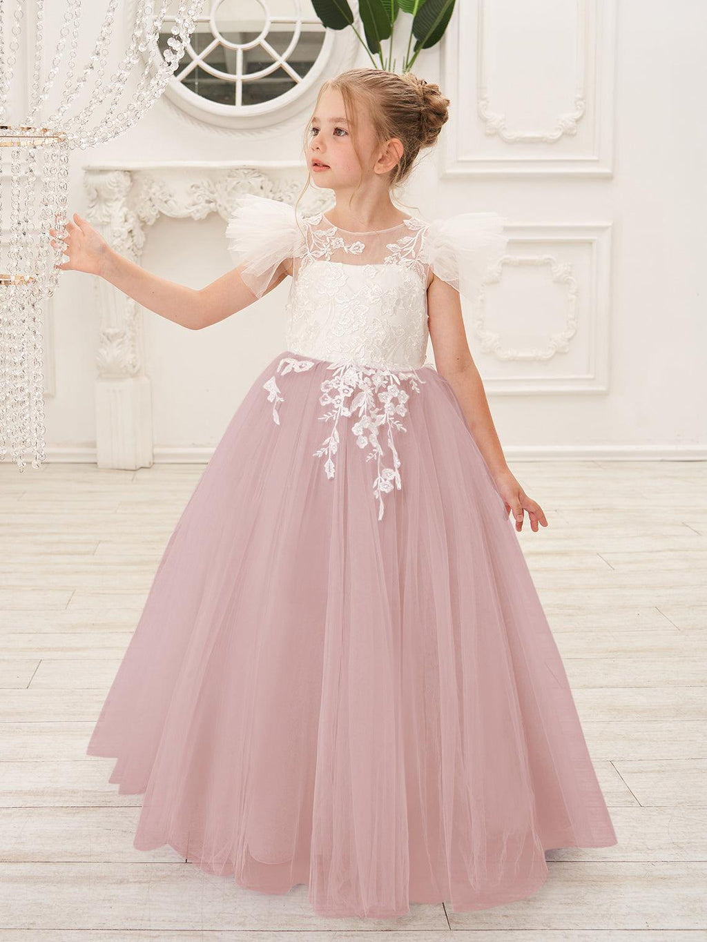 Detachable Lace Tulle Flower Girl Dress With Bow And Sweep Train