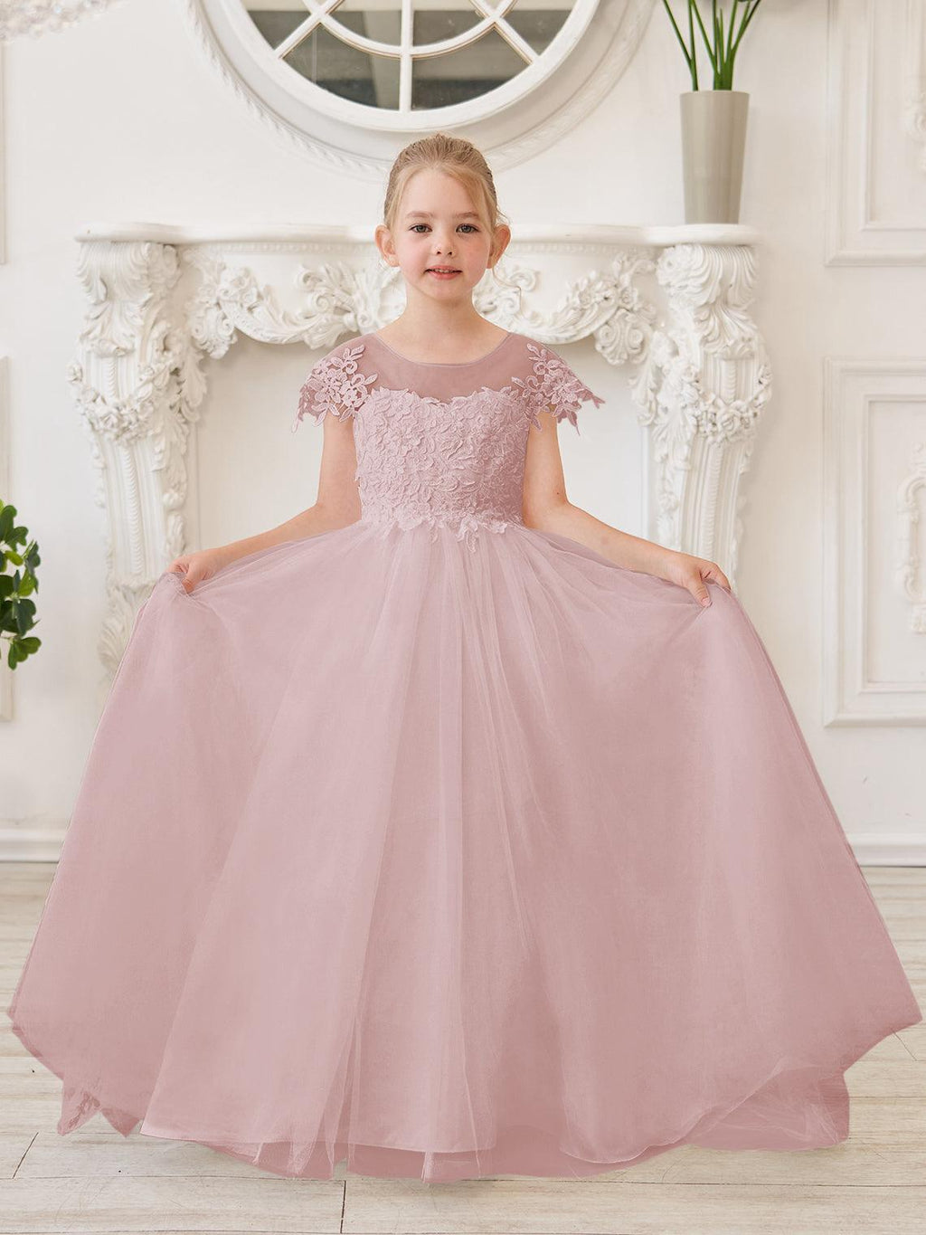 Ivory Lace Tulle First Communion Flower Girl Dress With Detachable Train