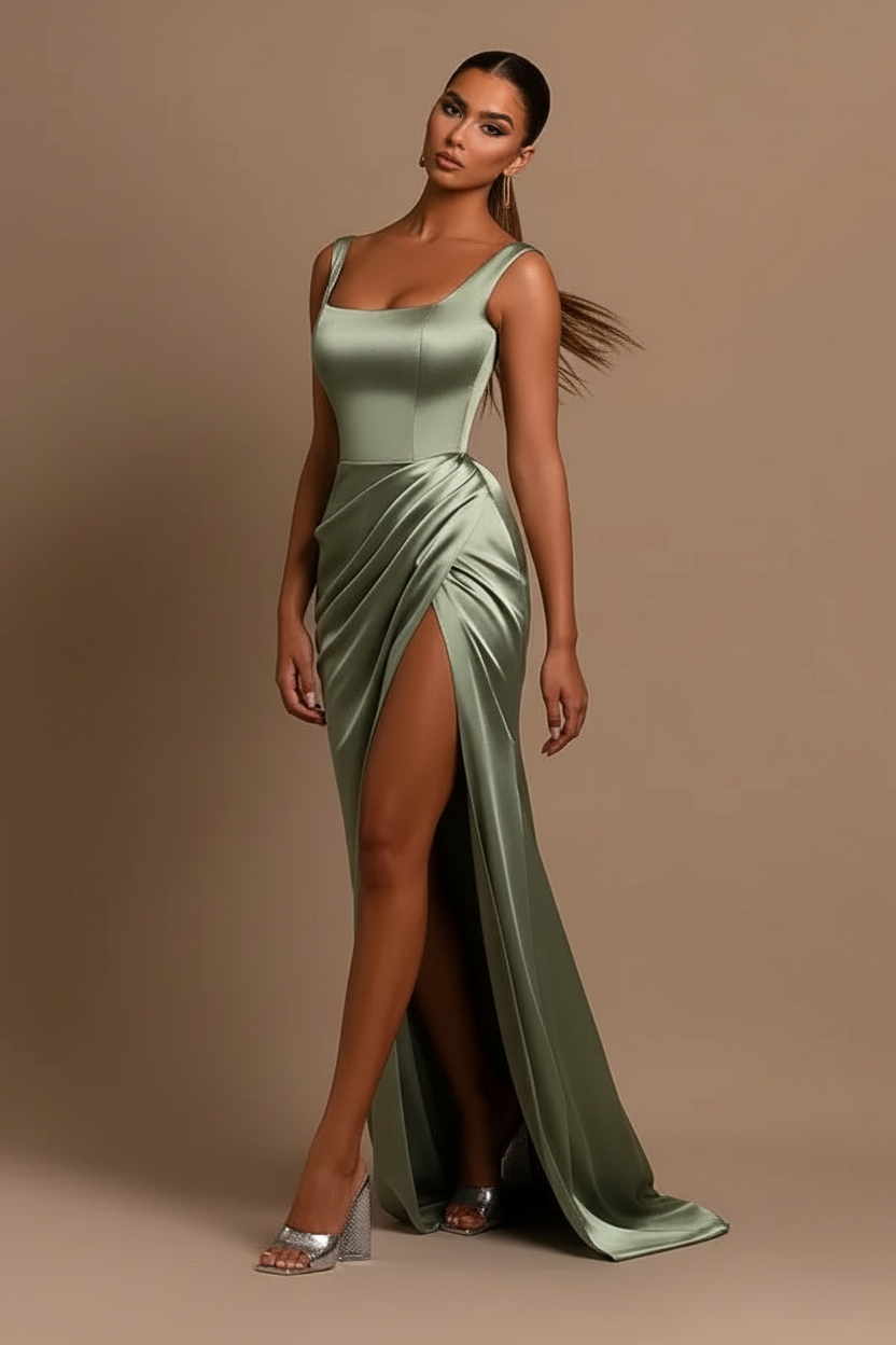 Bmbridal Satin Mermaid Prom Dress With Straps And Front Slit