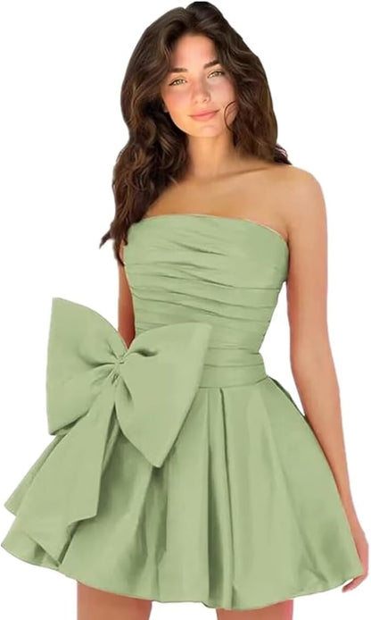 Vestidos de fiesta cortos y elegantes de corte A, sin mangas, sin tirantes, fruncidos, con cordones y lazo