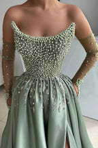 Dusty Sage Pearl Beaded Off Shoulder Sheer Sleeves Prom Evening Gown