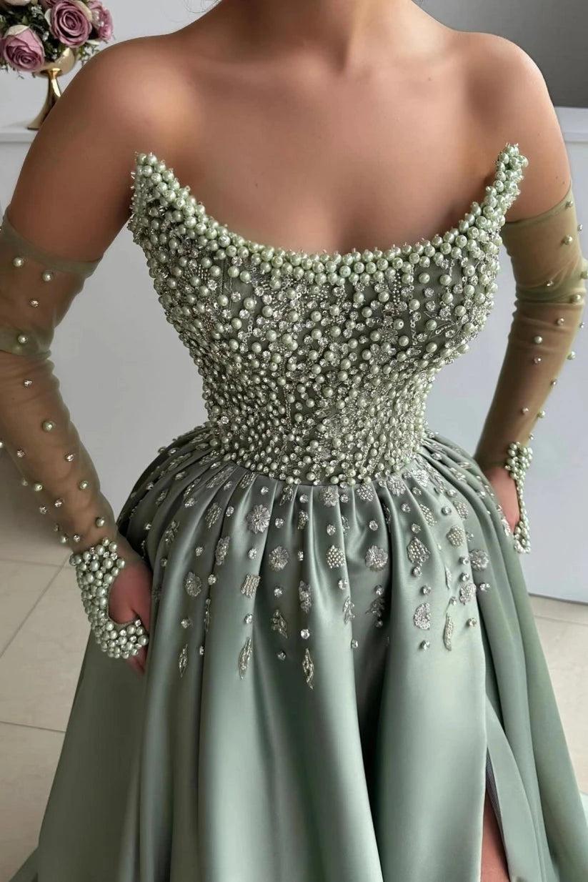 Dusty Sage Pearl Beaded Off Shoulder Sheer Sleeves Prom Evening Gown