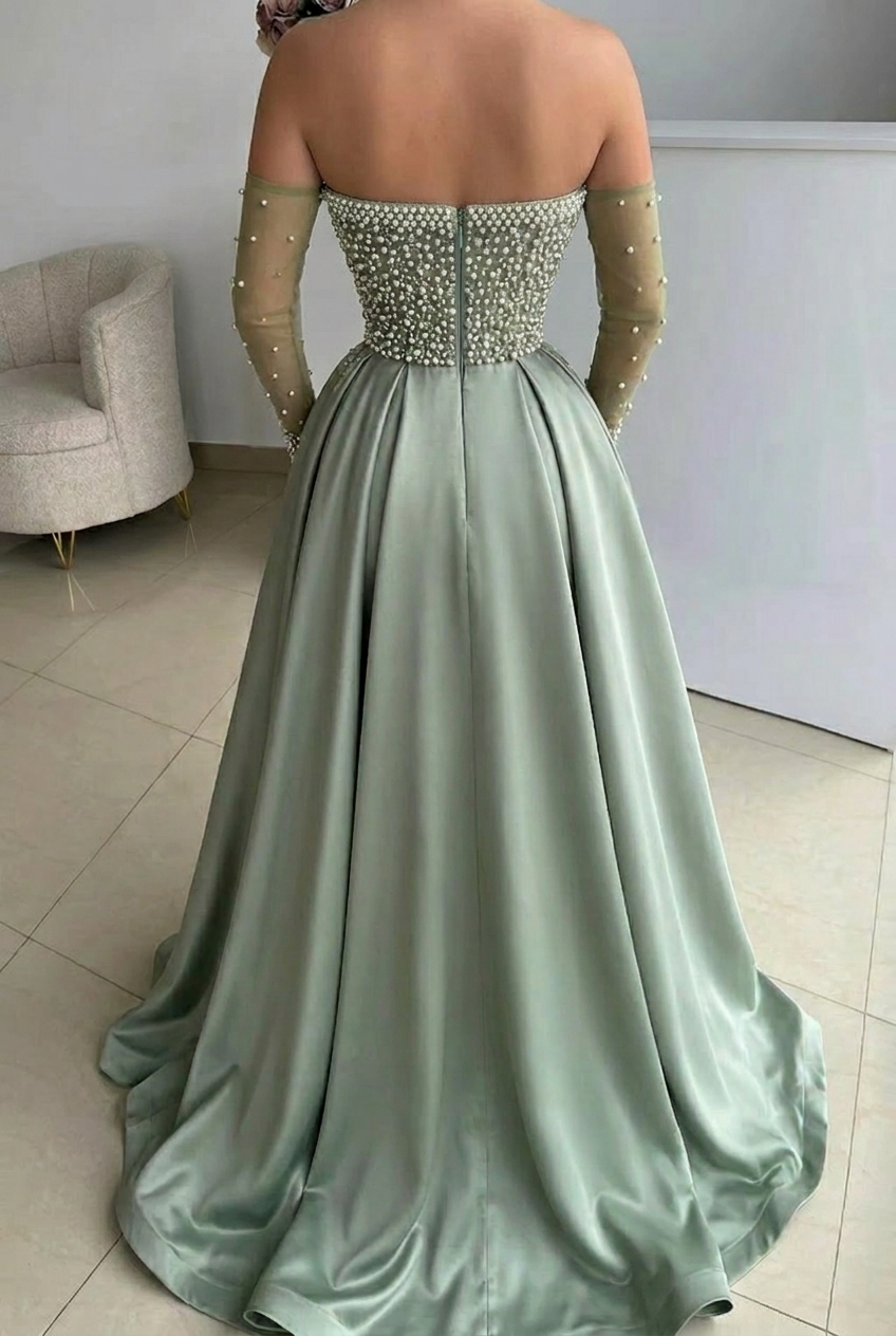 Dusty Sage Pearl Beaded Off Shoulder Sheer Sleeves Prom Evening Gown
