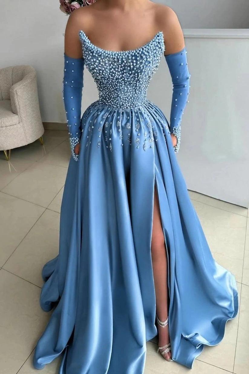 Dusty Sage Pearl Beaded Off Shoulder Sheer Sleeves Prom Evening Gown