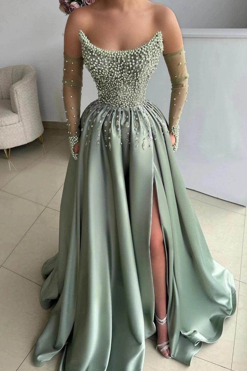 Dusty Sage Pearl Beaded Off Shoulder Sheer Sleeves Prom Evening Gown