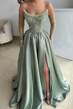 Dusty Sage Pearl Beaded Off Shoulder Sheer Sleeves Prom Evening Gown