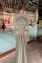 Dusty Sage Satin Mermaid Evening Gown High Neck Long Sleeves Beaded Bodice