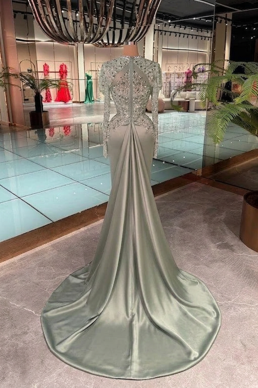 Dusty Sage Satin Mermaid Evening Gown High Neck Long Sleeves Beaded Bodice