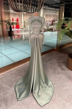 Dusty Sage Satin Mermaid Evening Gown High Neck Long Sleeves Beaded Bodice