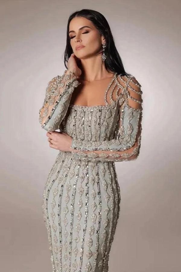 Dusty Sage Sheath Evening Gown Square Neck Art Deco Pearl Beaded