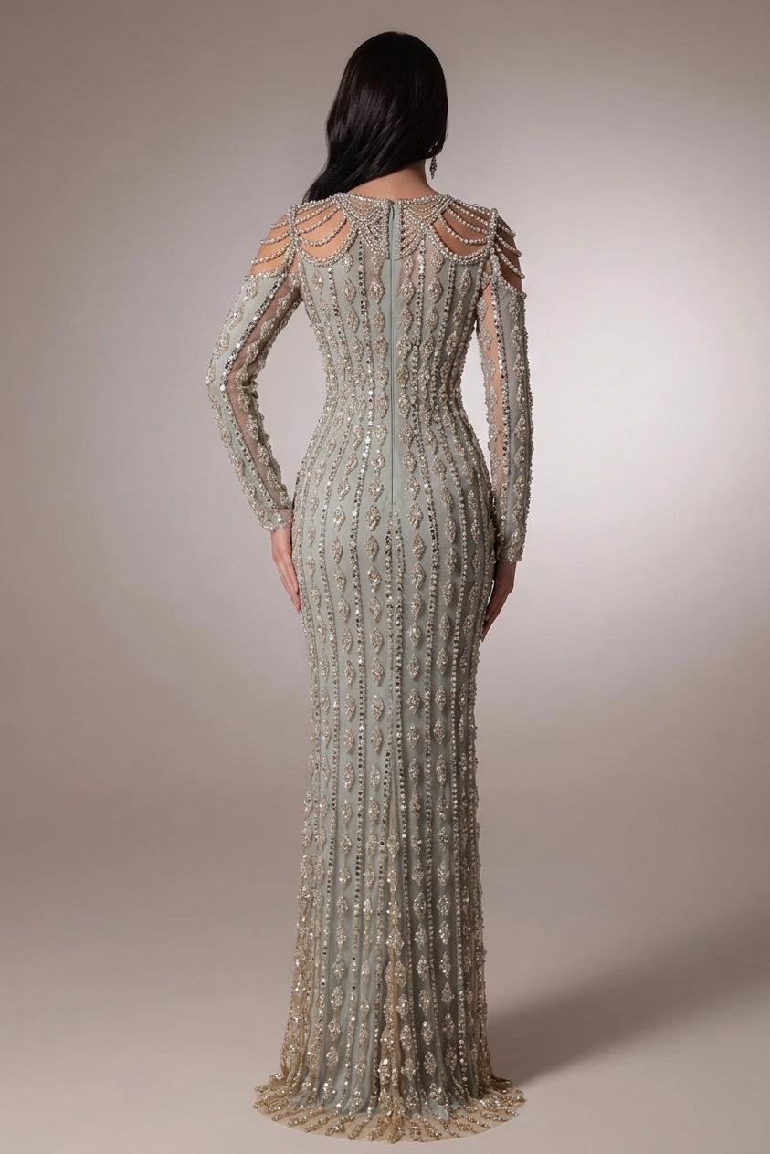 Dusty Sage Sheath Evening Gown Square Neck Art Deco Pearl Beaded