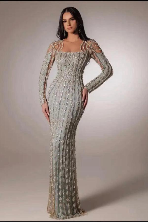 Dusty Sage Sheath Evening Gown Square Neck Art Deco Pearl Beaded