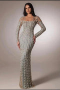 Dusty Sage Sheath Evening Gown Square Neck Art Deco Pearl Beaded