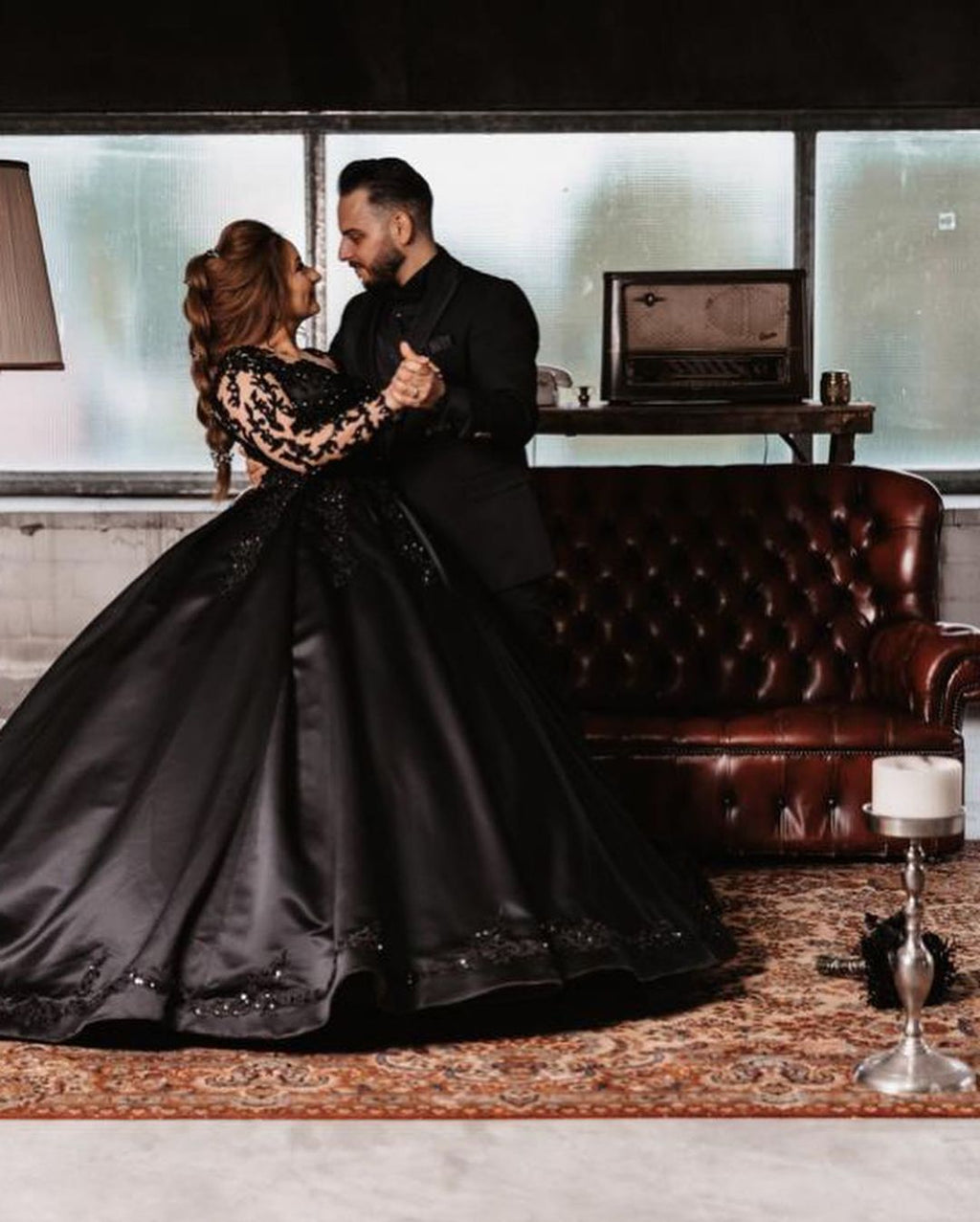 Classy Satin Black Long Ball Gown Wedding Dress With Sleeves