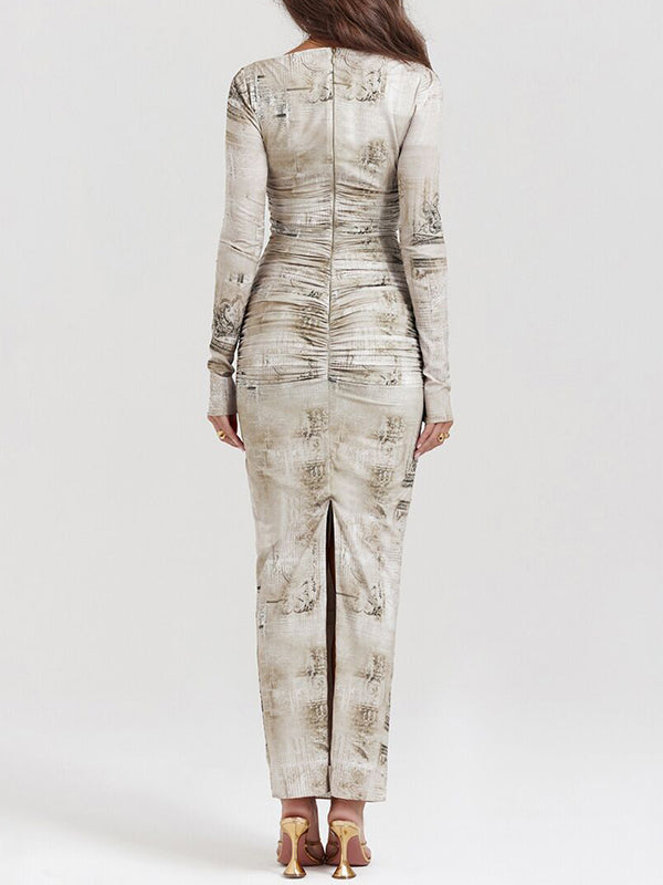 Lange Ärmel, schmal, bedruckt, mit Schlitz am Rücken, geteilter Schnitt, Rundhalsausschnitt, Abendkleider, Maxikleider 