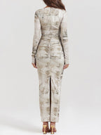 Lange Ärmel, schmal, bedruckt, mit Schlitz am Rücken, geteilter Schnitt, Rundhalsausschnitt, Abendkleider, Maxikleider 