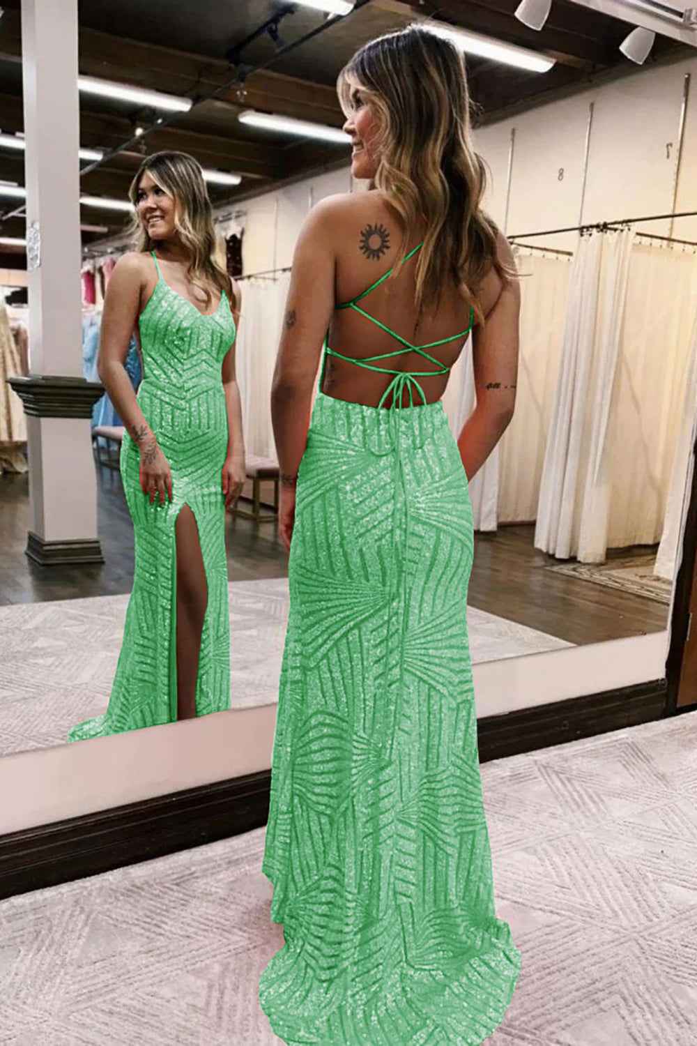 Orange Sequins Sheath Prom Dress With Spaghetti Straps And Criss Cross Back