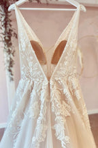 Floor Length Tulle A Line Wedding Dress With Deep V Neck And Floral Lace