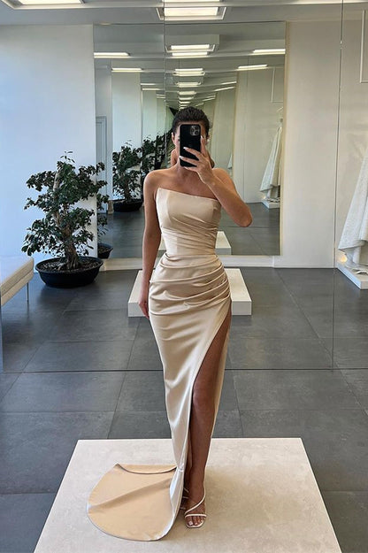 Long Mermaid Strapless Sleeveless Satin Prom Dress with Slit