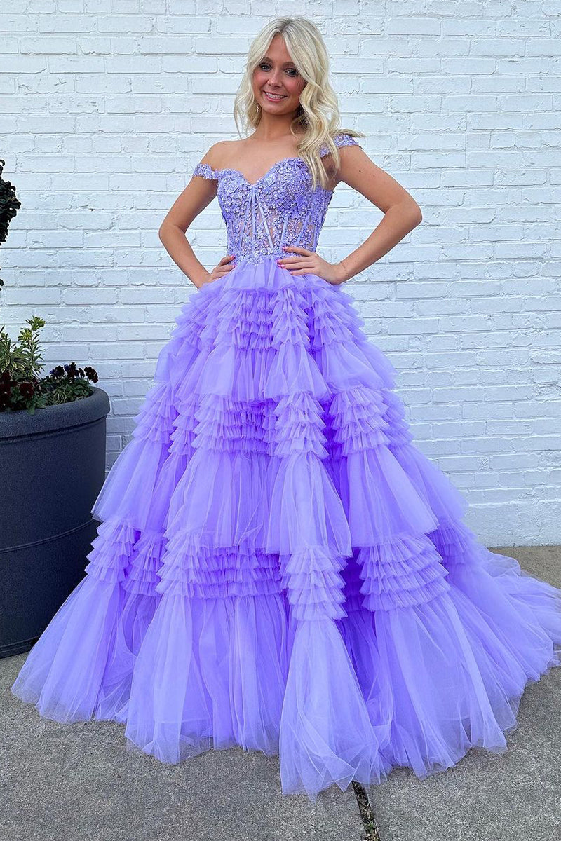 Vestido de fiesta largo de tul con hombros descubiertos y volantes en capas