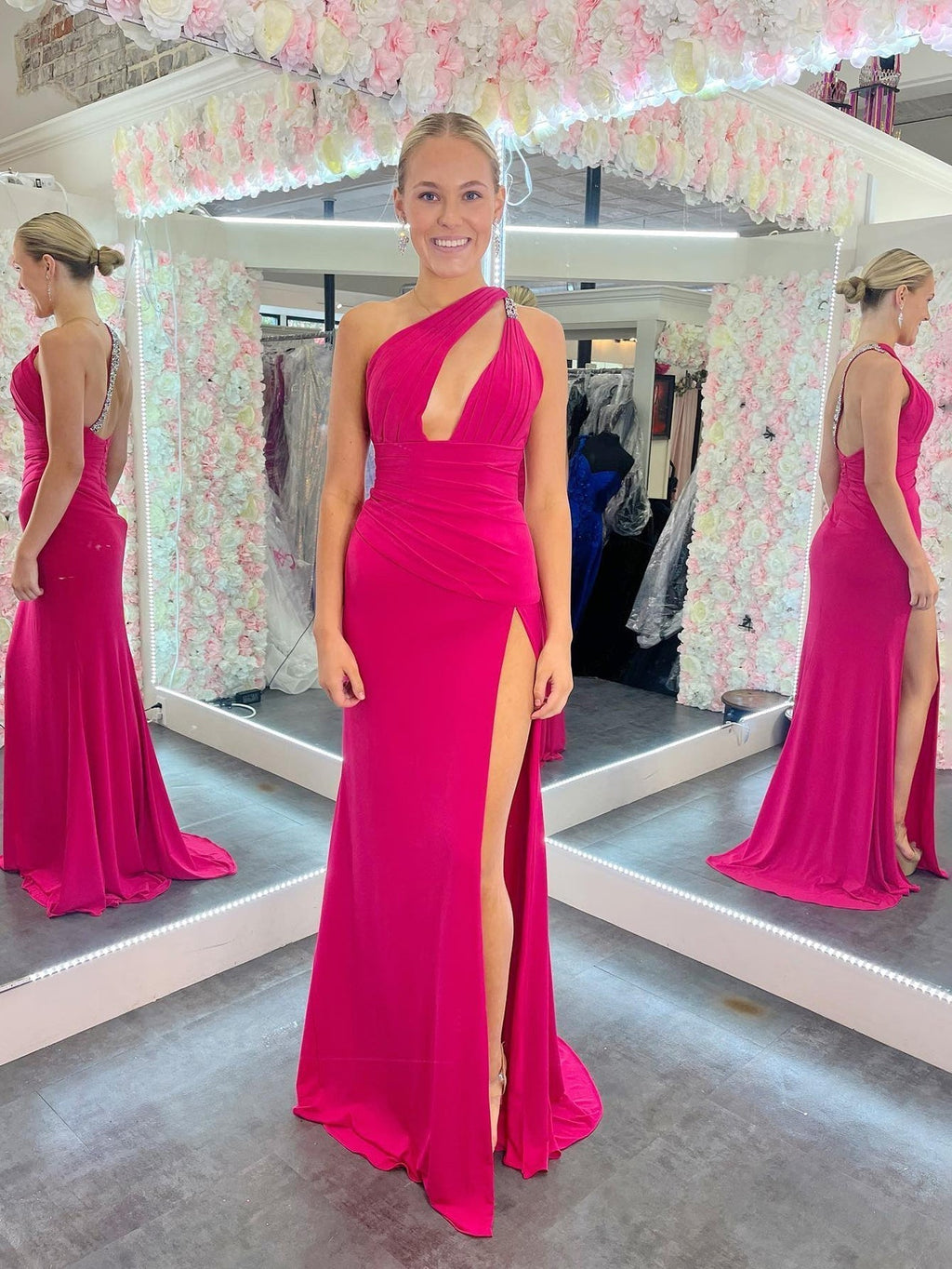 Mermaid One Shoulder Pink Cutout Long Prom Dress
