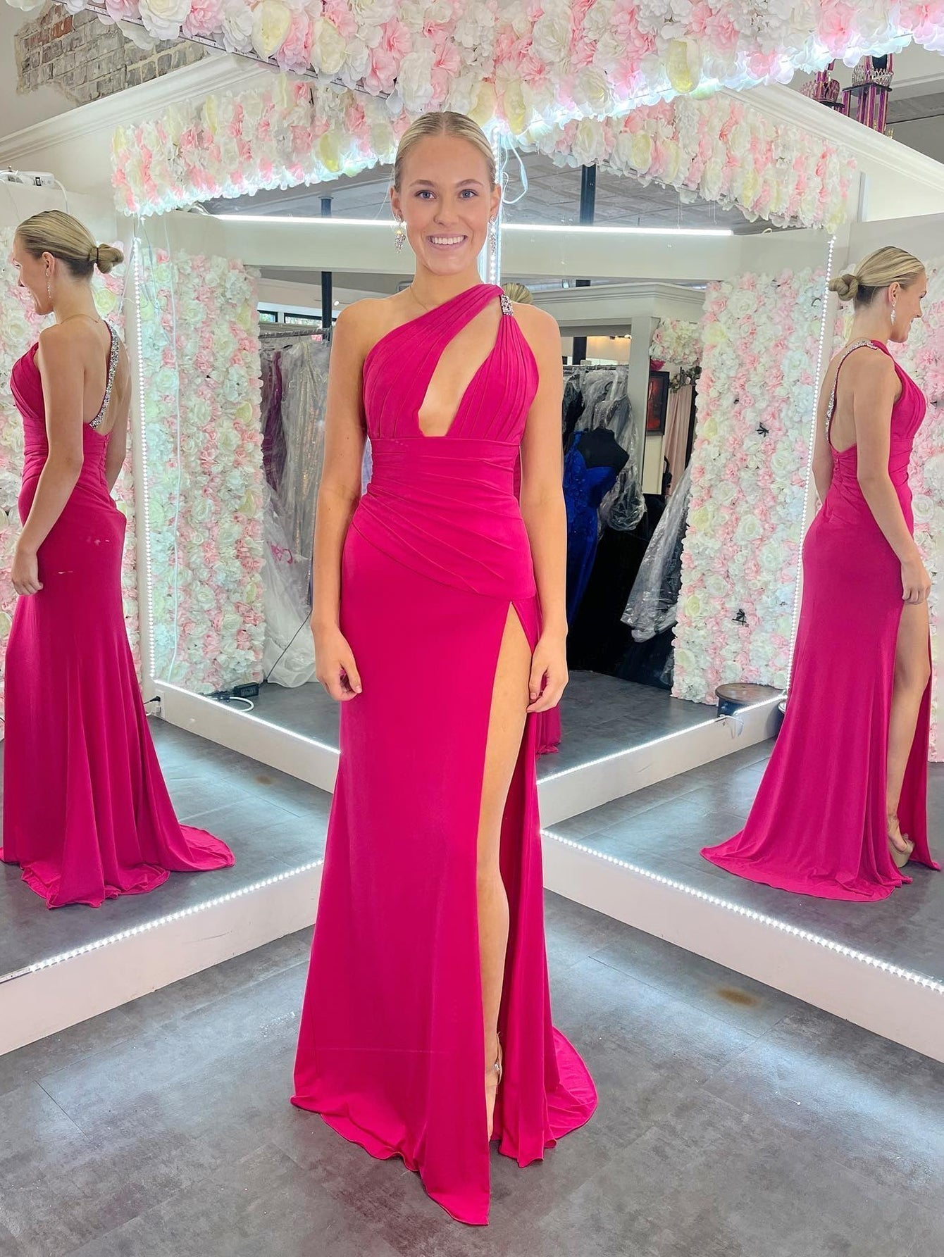 Mermaid One Shoulder Pink Cutout Long Prom Dress