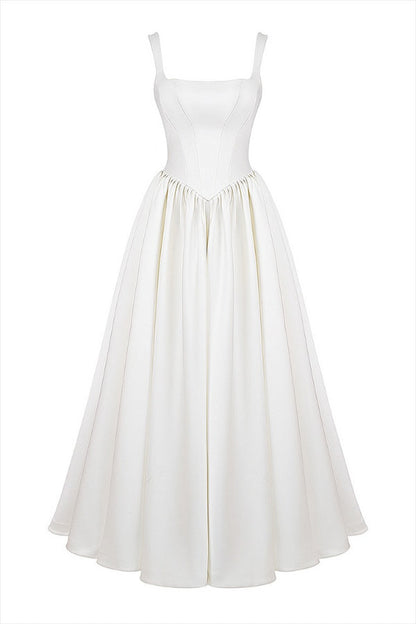 Wide Straps Corset Solid Color Gowns Maxi Dresses-White