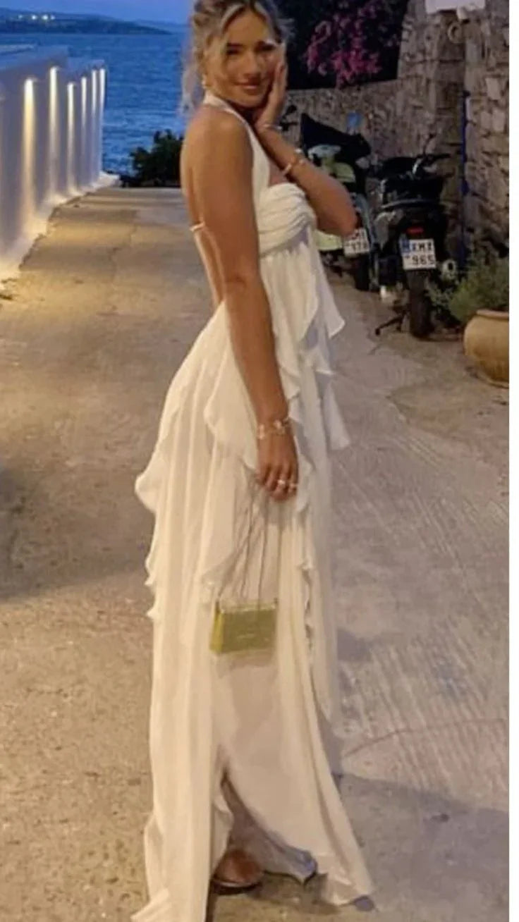 Abito da sera bohemien in chiffon bianco con collo all'americana Abito da ballo Abito da festa Y7542