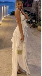 Abito da sera bohemien in chiffon bianco con collo all'americana Abito da ballo Abito da festa Y7542
