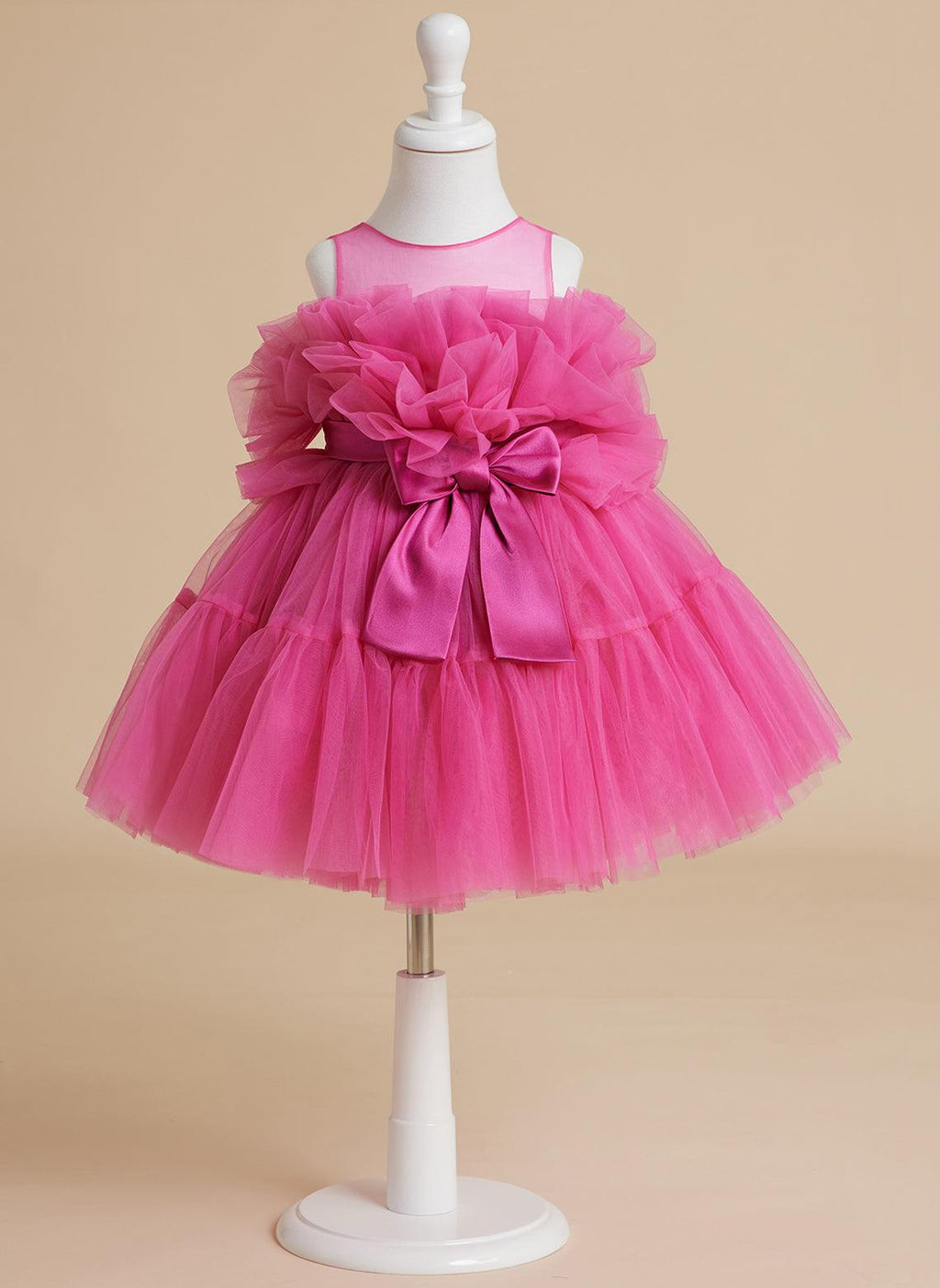 Pink Princess Tulle Flower Girl Dress With Bow And Scoop Neck Details