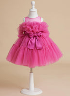 Pink Princess Tulle Flower Girl Dress With Bow And Scoop Neck Details