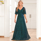 Butterfly See Through Sleeve Pairs V Neck Pleated A Large Swing Evening Dress Wedding Sequined Mop Dress