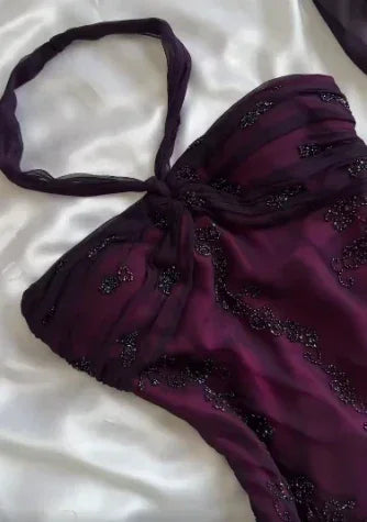 Vestido de fiesta largo de noche estilo sirena vintage con tirantes morados y cuentas de gasa Y7503