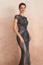 Elegant Short Sleeve Jewel Neck Beaded Mermaid Prom Dress