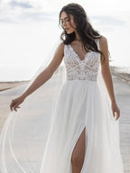 Sleeveless V Neck Lace Wedding Dress For Modern Brides