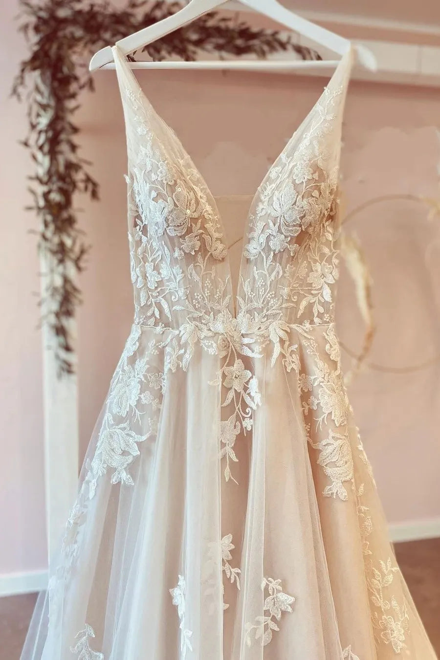 Floor Length Tulle A Line Wedding Dress With Deep V Neck And Floral Lace