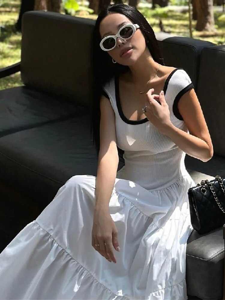 TARUXY Slim Retro Long Dress For Women 2024 Summer Short Sleeve High Waist Dresses Lady Party Elegant Evening Dress Maxi Femme