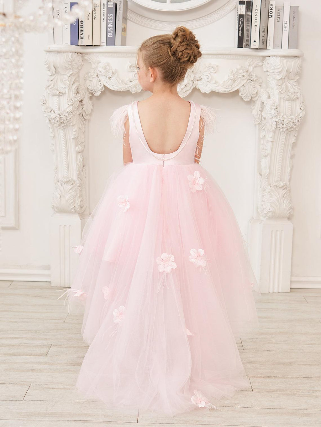 Princess Sleeveless Tulle Flower Girl Dress With Beading And Feather Bow
