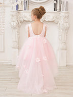 Princess Sleeveless Tulle Flower Girl Dress With Beading And Feather Bow