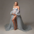 Elegant Appliqued Tulle Maternity Dress Puff Sleeves Side Slit Sweetheart Maternity Dresses Photoshoot Baby Shower Dress Custom